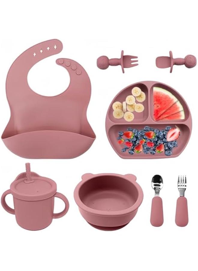 HOOKOR 8 Pack Baby Utensils Feeding Set,Baby Tableware Set With Suction Bowl Divided Plate Spoons Forks Sippy Cup Adjustable Bib, Baby Led Weaning Supplies, Eating Utensils For 6+ Months (Dark Pink) - Image 1