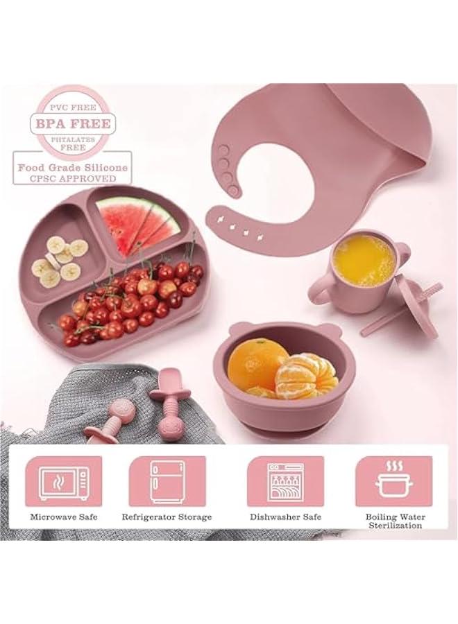 HOOKOR 8 Pack Baby Utensils Feeding Set,Baby Tableware Set With Suction Bowl Divided Plate Spoons Forks Sippy Cup Adjustable Bib, Baby Led Weaning Supplies, Eating Utensils For 6+ Months (Dark Pink) - Image 2