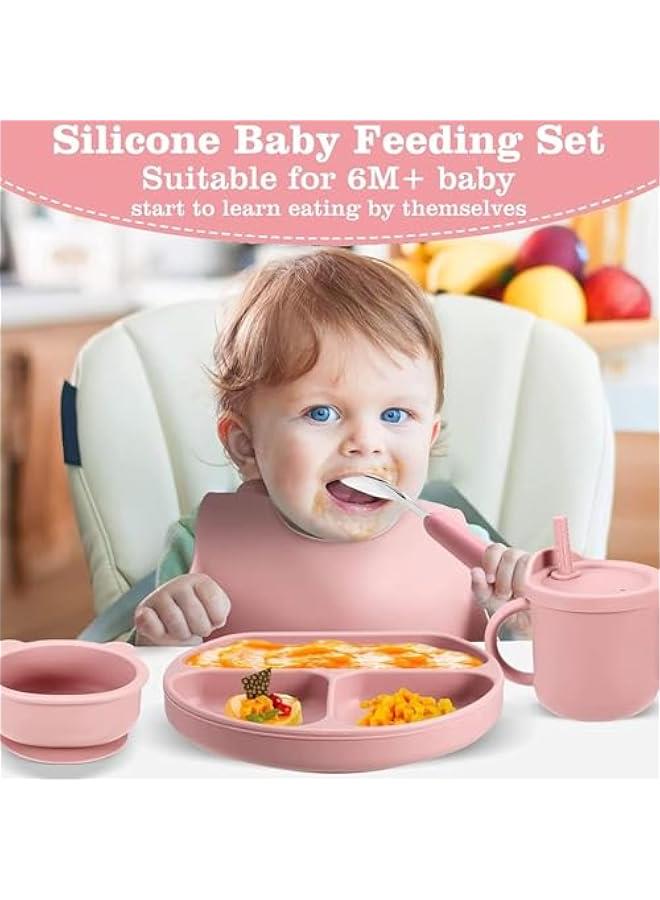 HOOKOR 8 Pack Baby Utensils Feeding Set,Baby Tableware Set With Suction Bowl Divided Plate Spoons Forks Sippy Cup Adjustable Bib, Baby Led Weaning Supplies, Eating Utensils For 6+ Months (Dark Pink) - Image 3