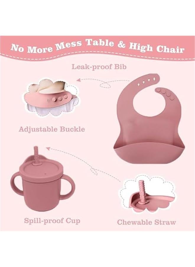 HOOKOR 8 Pack Baby Utensils Feeding Set,Baby Tableware Set With Suction Bowl Divided Plate Spoons Forks Sippy Cup Adjustable Bib, Baby Led Weaning Supplies, Eating Utensils For 6+ Months (Dark Pink) - Image 4