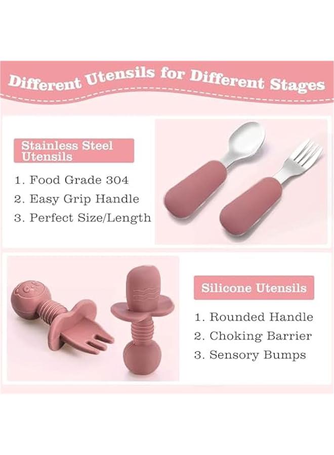HOOKOR 8 Pack Baby Utensils Feeding Set,Baby Tableware Set With Suction Bowl Divided Plate Spoons Forks Sippy Cup Adjustable Bib, Baby Led Weaning Supplies, Eating Utensils For 6+ Months (Dark Pink) - Image 5