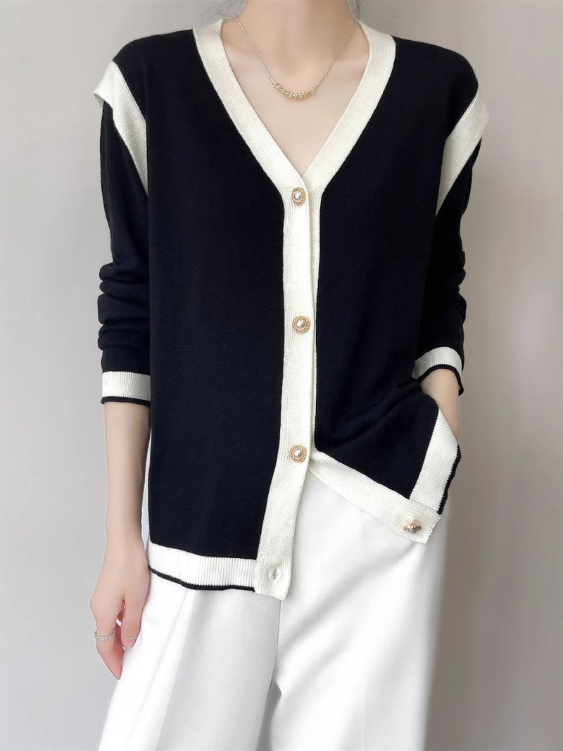 V-Neck French Knitted Cardigan Black And White Contrast Color Knitted Chanel Style Jacket All-Match Western Style - Image 5