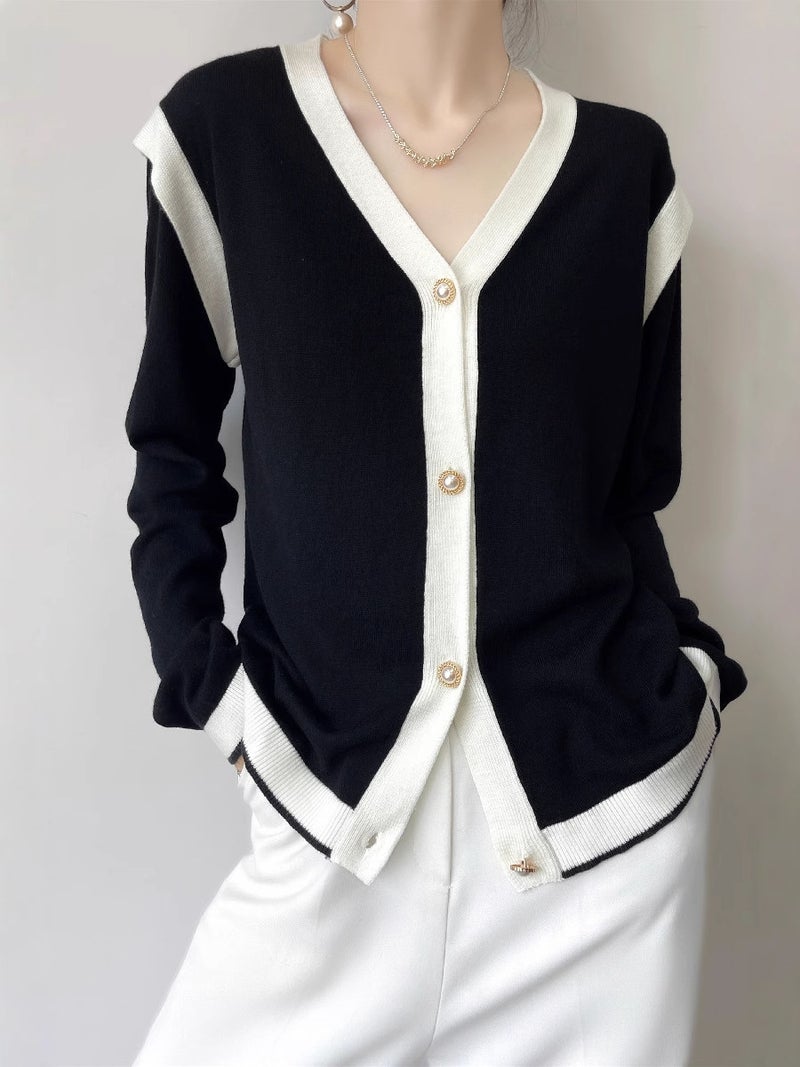 V-Neck French Knitted Cardigan Black And White Contrast Color Knitted Chanel Style Jacket All-Match Western Style - Image 2