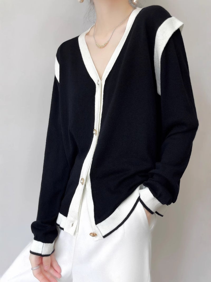 V-Neck French Knitted Cardigan Black And White Contrast Color Knitted Chanel Style Jacket All-Match Western Style - Image 3