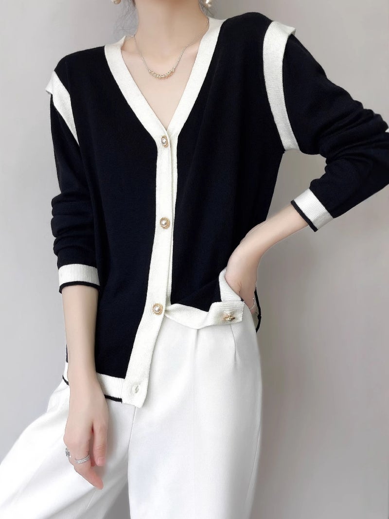 V-Neck French Knitted Cardigan Black And White Contrast Color Knitted Chanel Style Jacket All-Match Western Style - Image 4