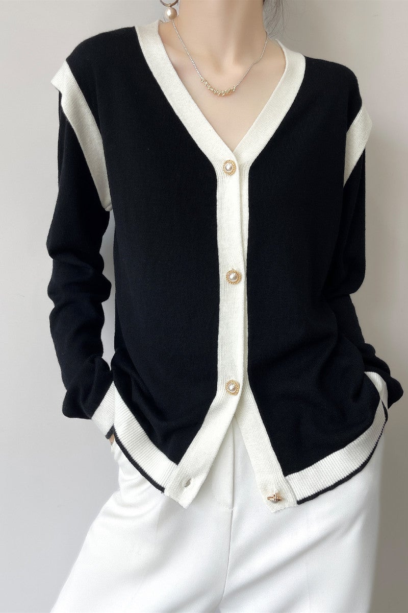 V-Neck French Knitted Cardigan Black And White Contrast Color Knitted Chanel Style Jacket All-Match Western Style - Image 1