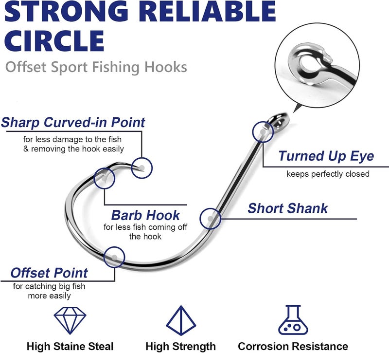 UCEC Circle Hooks Fishing Hooks 2X Strong Offset Circle Hooks Saltwater Black High Carbon Steel Octopus Catfish Fishing Hooks Fishing Gear Tackle 150pcs/ 240pcs - Size:#1 1/0 2/0 3/0 4/0 5/0 6/0 8/0 - Image 2