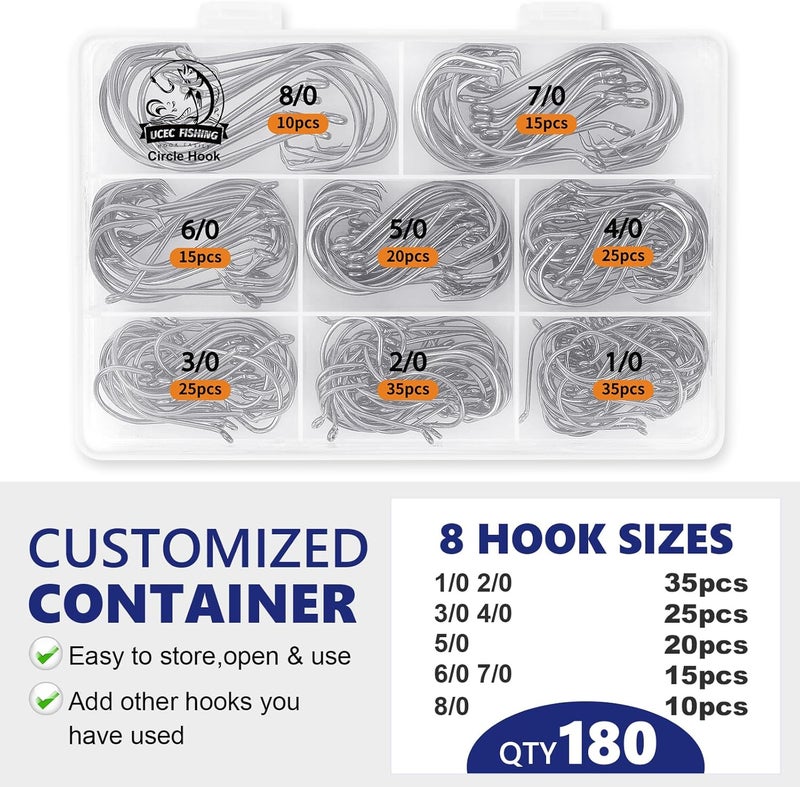 UCEC Circle Hooks Fishing Hooks 2X Strong Offset Circle Hooks Saltwater Black High Carbon Steel Octopus Catfish Fishing Hooks Fishing Gear Tackle 150pcs/ 240pcs - Size:#1 1/0 2/0 3/0 4/0 5/0 6/0 8/0 - Image 4