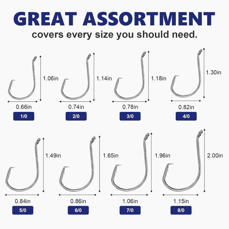 UCEC Circle Hooks Fishing Hooks 2X Strong Offset Circle Hooks Saltwater Black High Carbon Steel Octopus Catfish Fishing Hooks Fishing Gear Tackle 150pcs/ 240pcs - Size:#1 1/0 2/0 3/0 4/0 5/0 6/0 8/0 - Image 3