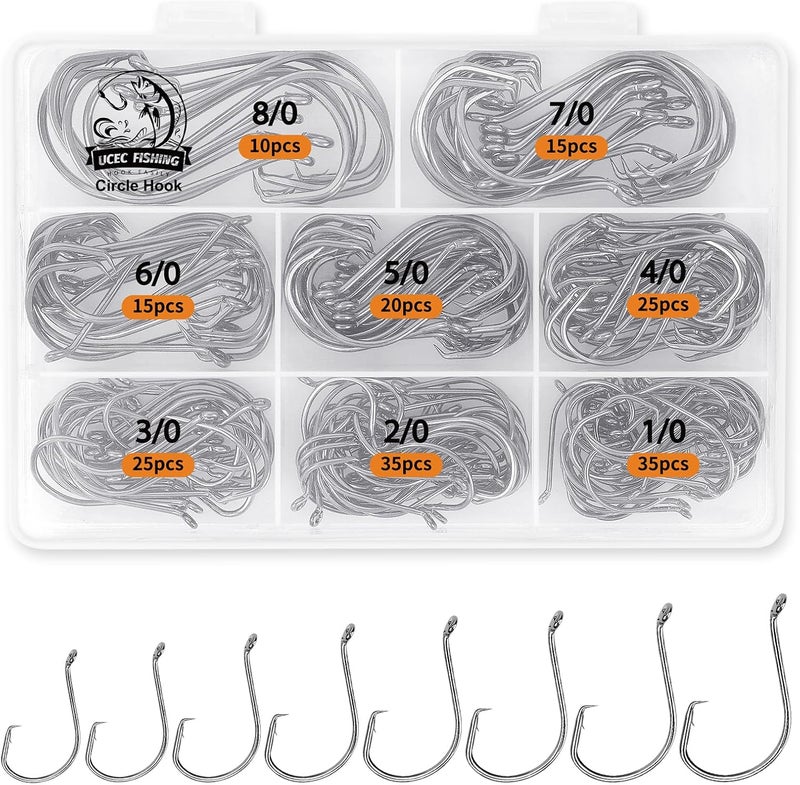 UCEC Circle Hooks Fishing Hooks 2X Strong Offset Circle Hooks Saltwater Black High Carbon Steel Octopus Catfish Fishing Hooks Fishing Gear Tackle 150pcs/ 240pcs - Size:#1 1/0 2/0 3/0 4/0 5/0 6/0 8/0 - Image 1