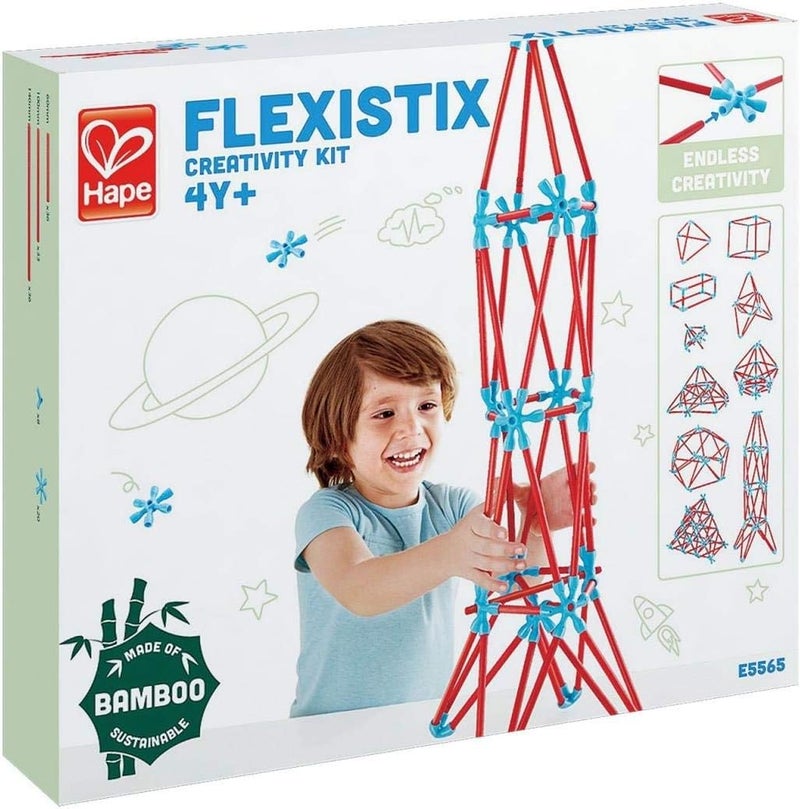 Hape Flexistix مجموعة بناء إبداعية من الخيزران - 133 قطعة، لعبة بناء صديقة للبيئة للأطفال من عمر 4 سنوات فما فوق، تتضمن 105 عصا و28 موصل، تصميم مشاريع مخصصة، متوافقة مع مجموعات Flexistix