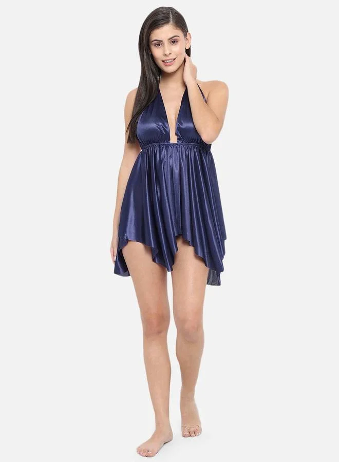 Take Two Solid Halter Neck Asymmetric Hem Satin Babydoll By Klamotten