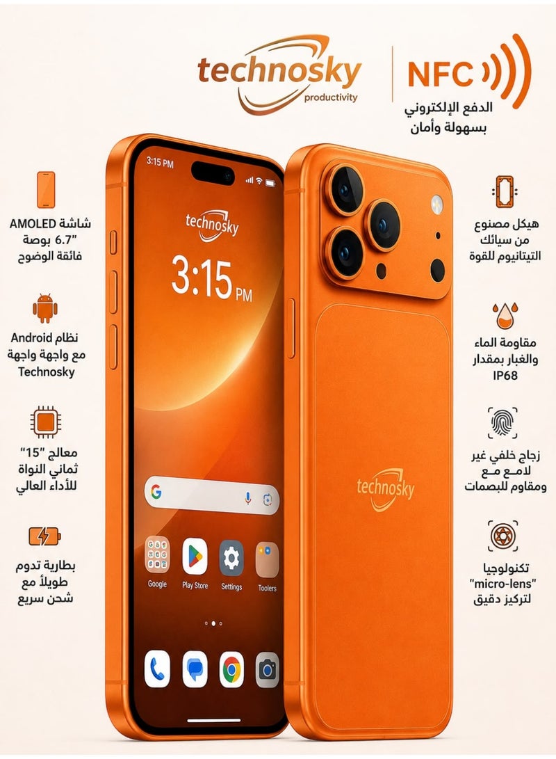  تكنو سكاي هاتف ذكي  تكنو سكاي 17 PRO MAXشبكة 5G شاشة عريضة برتقالي 6.6 بوصة الدفع الإلكتروني (NFC) - Image 1