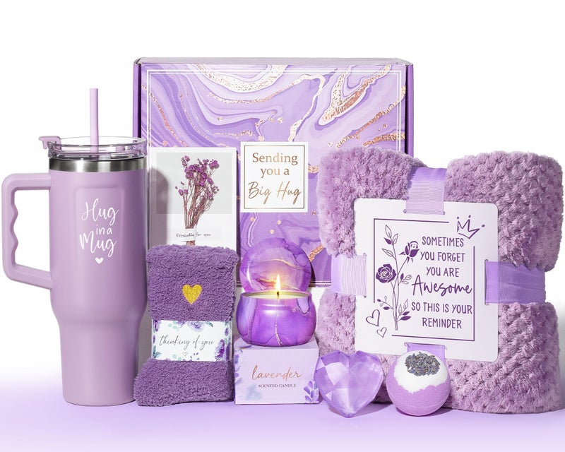 Qinline Birthday Gifts for Women Self Care Get Well Soon Gifts, Lavender Relaxing Spa Bath Gift Basket Care Package w/ Flannel Blanket 40 OZ Tumbler, Mother's Day Gift for Mom Her Wife Girlfriend Grandma - Image 1