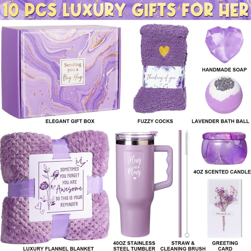 Qinline Birthday Gifts for Women Self Care Get Well Soon Gifts, Lavender Relaxing Spa Bath Gift Basket Care Package w/ Flannel Blanket 40 OZ Tumbler, Mother's Day Gift for Mom Her Wife Girlfriend Grandma - Image 2