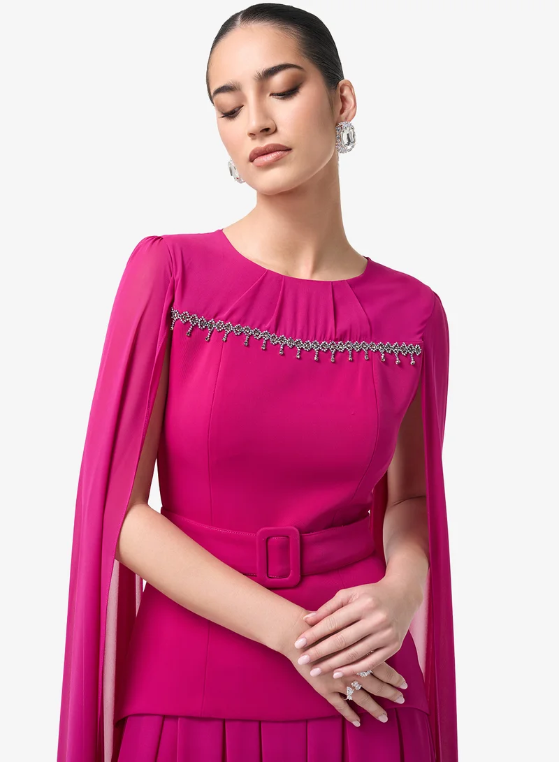 Threadz by Ajooni  Belted Flared Sleeve Maxi Dress for Women | Best Price UAE