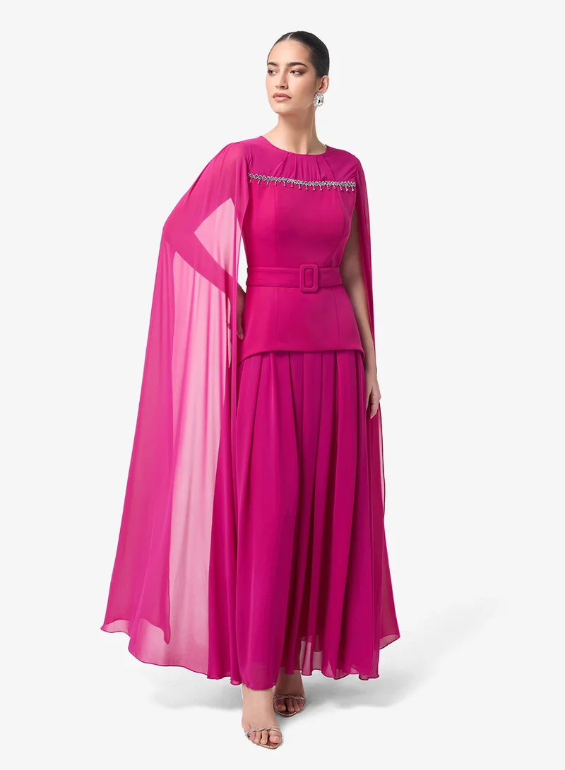 Threadz by Ajooni  Belted Flared Sleeve Maxi Dress for Women | Best Price UAE