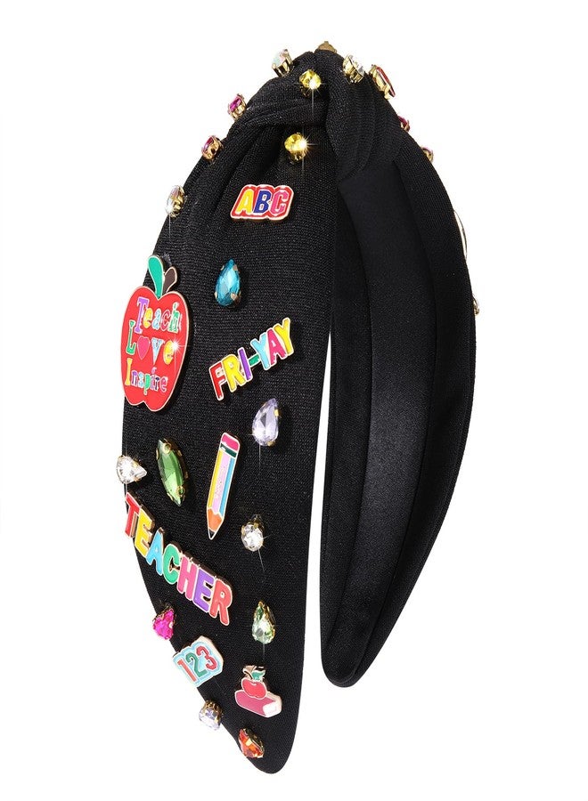 ARATLENCH FRI-YAY Teacher Charm Knotted Headband - Colorful Rhinestone Crystal Jeweled Black Wide Top Knot Hair Accessory for Back To School - Apple Pencil Compatible - Image 1