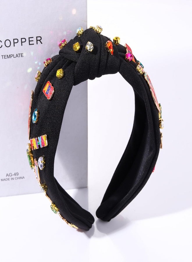ARATLENCH FRI-YAY Teacher Charm Knotted Headband - Colorful Rhinestone Crystal Jeweled Black Wide Top Knot Hair Accessory for Back To School - Apple Pencil Compatible - Image 3