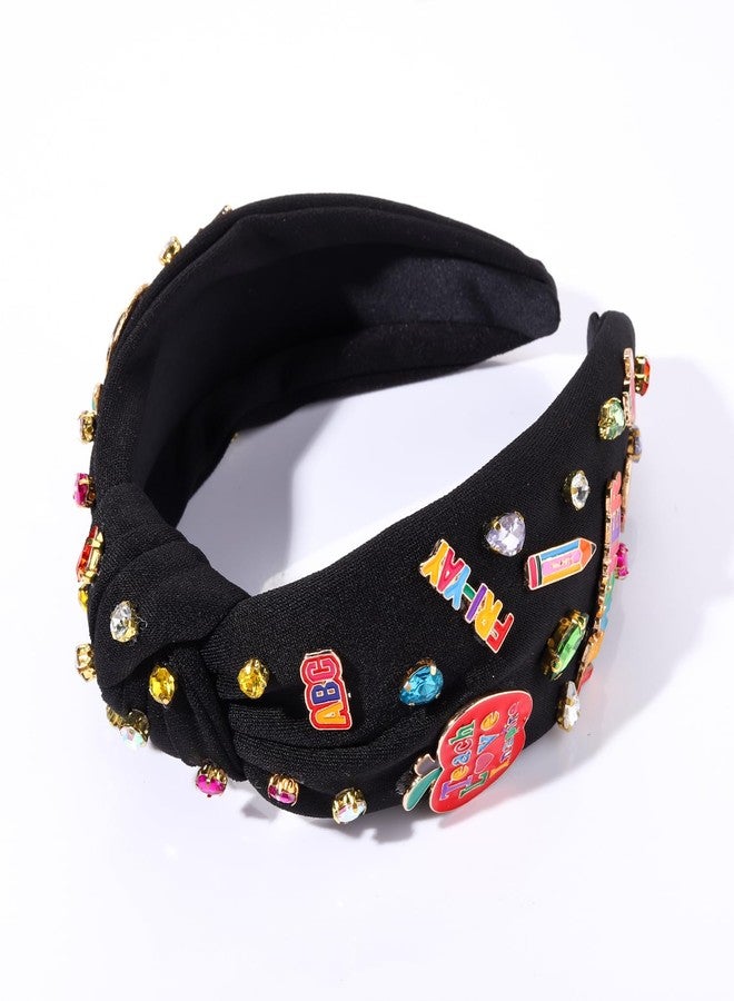 ARATLENCH FRI-YAY Teacher Charm Knotted Headband - Colorful Rhinestone Crystal Jeweled Black Wide Top Knot Hair Accessory for Back To School - Apple Pencil Compatible - Image 5