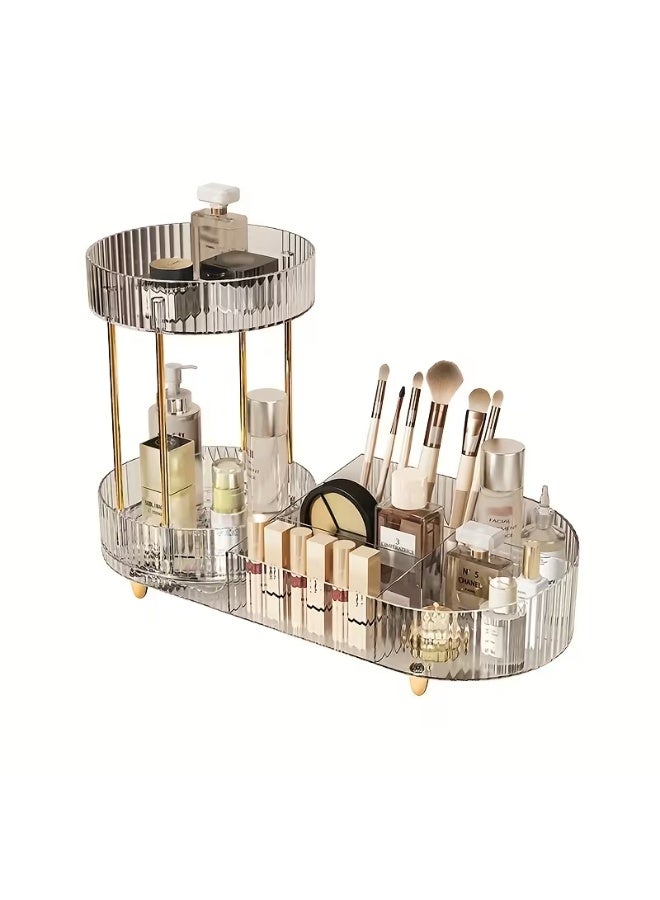 Clear acrylic makeup and perfume organizer, 34x15x24 cm, with a 360-degree rotating circular top base and compartments for storing cosmetics. - Image 1