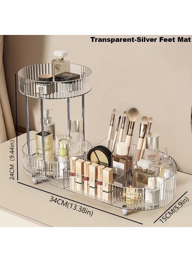 Clear acrylic makeup and perfume organizer, 34x15x24 cm, with a 360-degree rotating circular top base and compartments for storing cosmetics. - Image 5