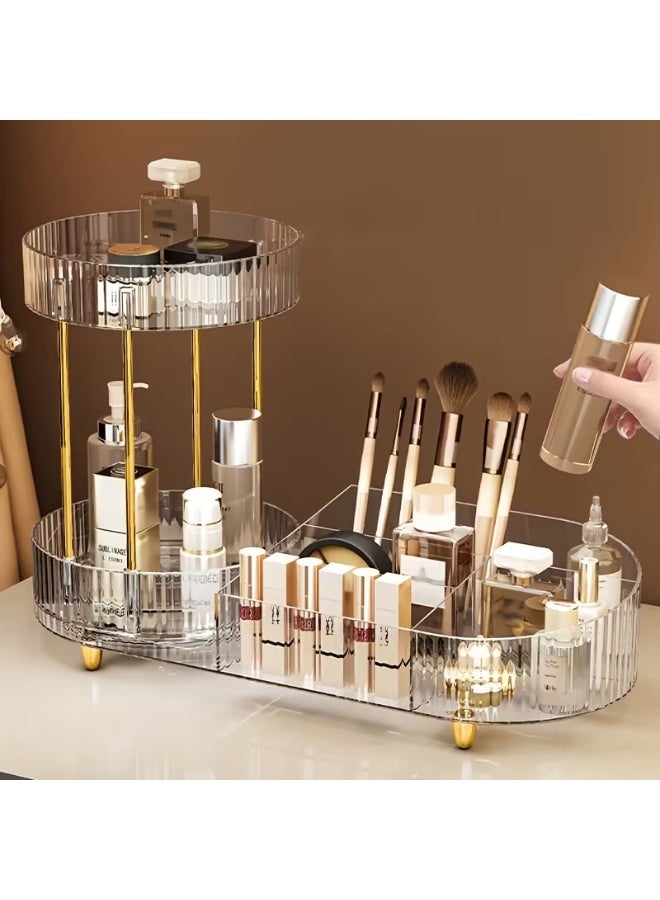 Clear acrylic makeup and perfume organizer, 34x15x24 cm, with a 360-degree rotating circular top base and compartments for storing cosmetics. - Image 3