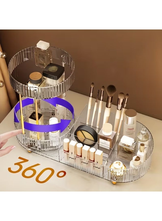 Clear acrylic makeup and perfume organizer, 34x15x24 cm, with a 360-degree rotating circular top base and compartments for storing cosmetics. - Image 4