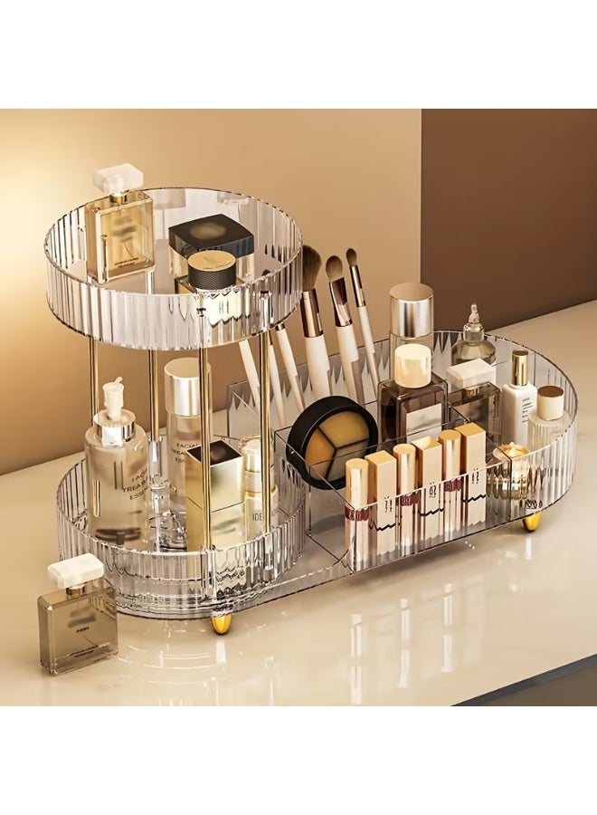 Clear acrylic makeup and perfume organizer, 34x15x24 cm, with a 360-degree rotating circular top base and compartments for storing cosmetics. - Image 2