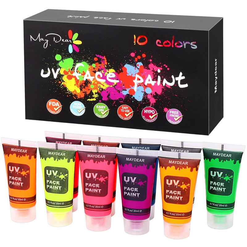مجموعة طلاء الوجه والجسم بالألوان الفلورية UV من Maydear 10 ألوان تتألق تحت الضوء الأسود سائل طلاء الوجه مثالي للهالوين والمهرجانات والحفلات 07 أونصة سائلة لكل منها