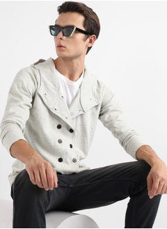 Campus Sutra Men's Light Grey Double-Breasted Jacket With Hoodie  - Image 1