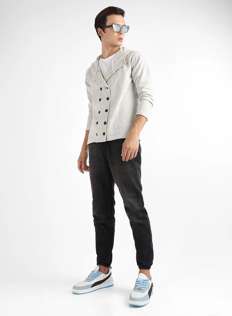 Campus Sutra Men's Light Grey Double-Breasted Jacket With Hoodie