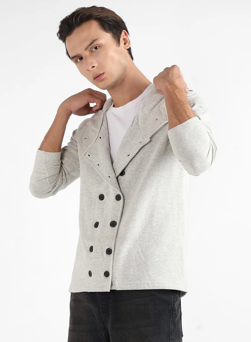 Campus Sutra Men's Light Grey Double-Breasted Jacket With Hoodie