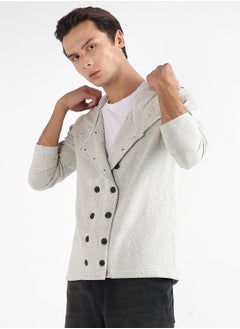 Campus Sutra Men's Light Grey Double-Breasted Jacket With Hoodie  - Image 3
