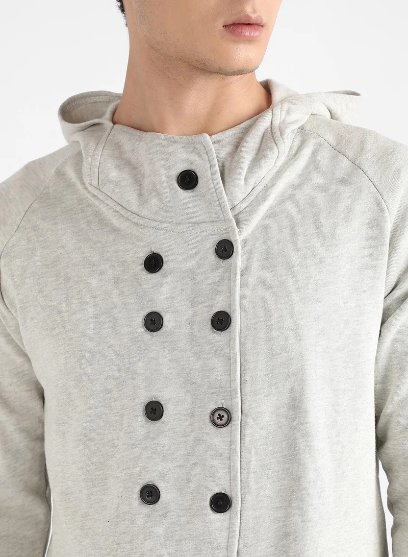 Campus Sutra Men's Light Grey Double-Breasted Jacket With Hoodie