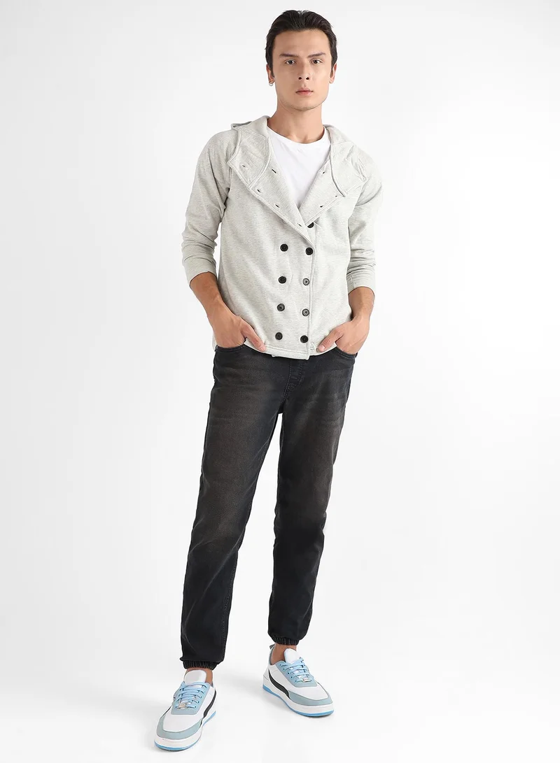 Campus Sutra Men's Light Grey Double-Breasted Jacket With Hoodie