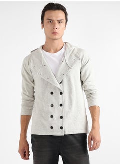 Campus Sutra Men's Light Grey Double-Breasted Jacket With Hoodie  - Image 2