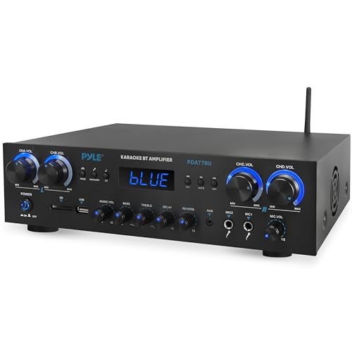 Pyle Bluetooth Home Stereo Amplifier Receiver - 4 Channel, 800 Watt Karaoke Sound System w/ MP3,USB,SD,AUX,RCA,FM,MIC, Headphone, Reverb + Delay, LED Vol, for Home, Studio, Theater Speakers - PDA77BU - Image 1