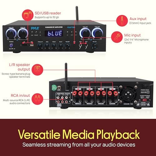 Pyle Bluetooth Home Stereo Amplifier Receiver - 4 Channel, 800 Watt Karaoke Sound System w/ MP3,USB,SD,AUX,RCA,FM,MIC, Headphone, Reverb + Delay, LED Vol, for Home, Studio, Theater Speakers - PDA77BU - Image 3