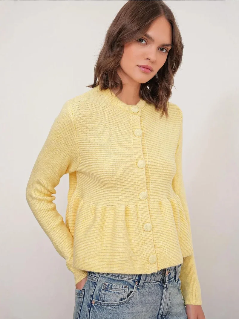 MixRay Mixray Frilly Knitwear Cardigan with Crew Neck