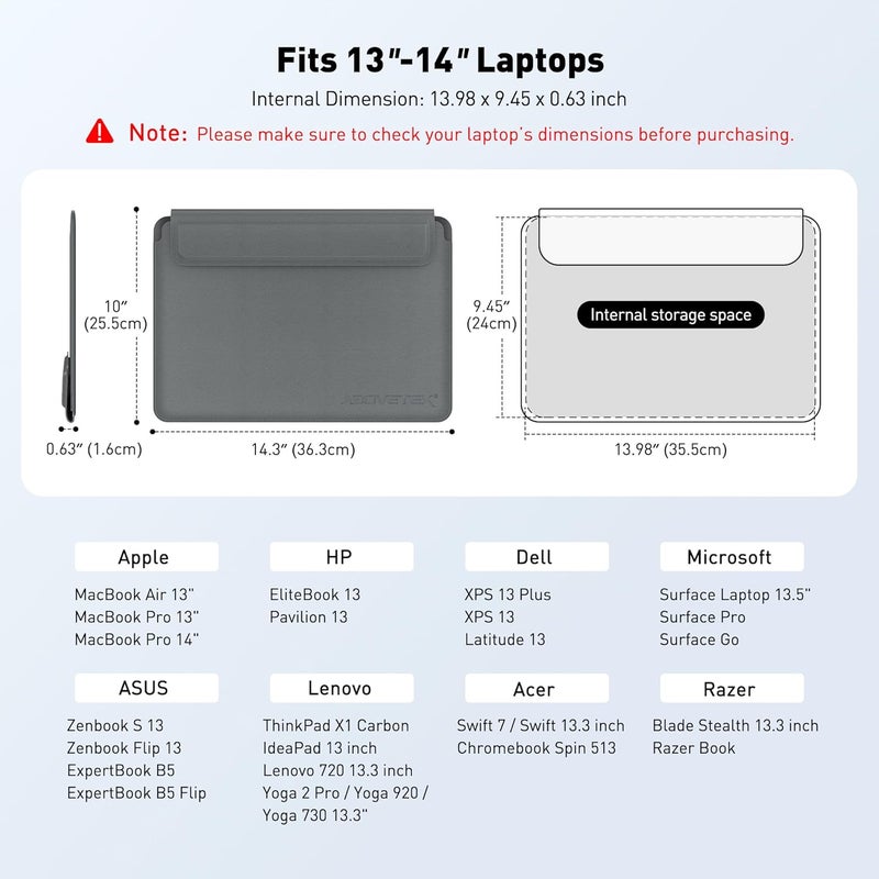 AboveTEK Laptop Bag Sleeve for Computer Expandable Storage, Two Adjustable Angles, Ultra-Slim Stylish, Fits 13"-14" Laptops (Grey) - Image 3