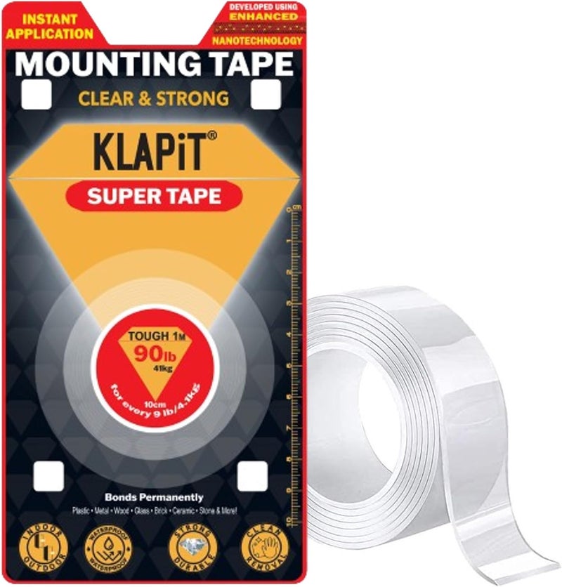 كلابيت شريط سوبر تاب مزدوج الجوانب، شريط تثبيت متين يتحمل وزنًا يصل إلى 41 كجم باستخدام تقنية النانو المُحسّنة. شريط شفاف للجدران، والخشب، والبلاط، والحجر، والزجاج، والمعادن، والأكريليك (عبوة من قطعة واحدة). - Image 2