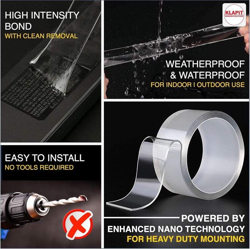 كلابيت شريط سوبر تاب مزدوج الجوانب، شريط تثبيت متين يتحمل وزنًا يصل إلى 41 كجم باستخدام تقنية النانو المُحسّنة. شريط شفاف للجدران، والخشب، والبلاط، والحجر، والزجاج، والمعادن، والأكريليك (عبوة من قطعة واحدة). - Image 4