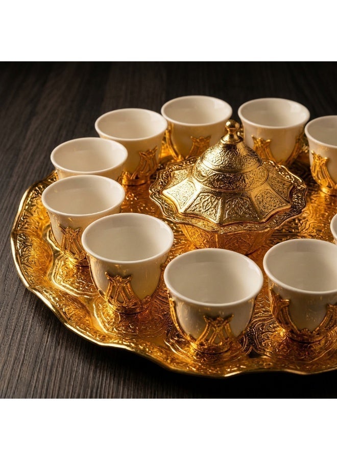 Acar Luxury Arabian Coffee Set for 12 with Tray, Glass Cups with Holders, and Covered Dates Pot in a Magical Ottoman Golden Touch – Made in Turkey - Image 1