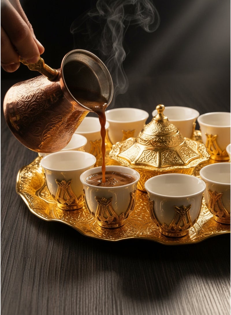 Acar Luxury Arabian Coffee Set for 12 with Tray, Glass Cups with Holders, and Covered Dates Pot in a Magical Ottoman Golden Touch – Made in Turkey - Image 2