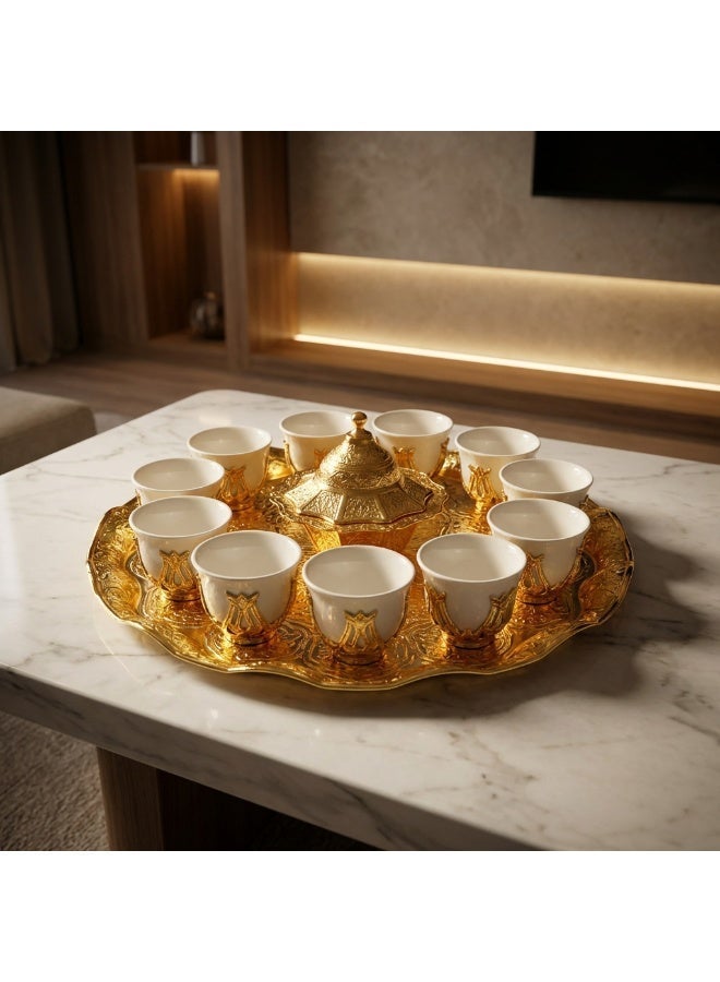 Acar Luxury Arabian Coffee Set for 12 with Tray, Glass Cups with Holders, and Covered Dates Pot in a Magical Ottoman Golden Touch – Made in Turkey - Image 5