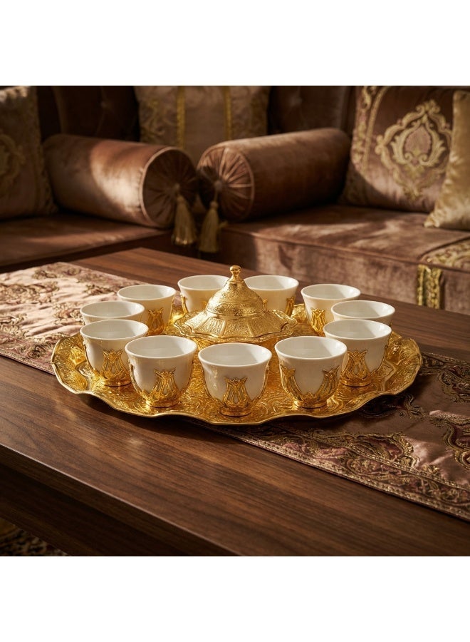 Acar Luxury Arabian Coffee Set for 12 with Tray, Glass Cups with Holders, and Covered Dates Pot in a Magical Ottoman Golden Touch – Made in Turkey - Image 4