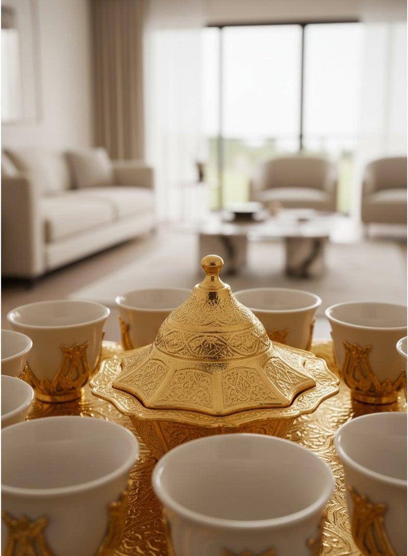 Acar Luxury Arabian Coffee Set for 12 with Tray, Glass Cups with Holders, and Covered Dates Pot in a Magical Ottoman Golden Touch – Made in Turkey - Image 3