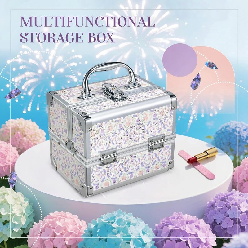 Joligrace Makeup Case for Girls Cosmetic Train Case Makeup Storage Box Jewelry Organizer Hair Accessories Lockable with Trays & Mirror Purple - Image 2