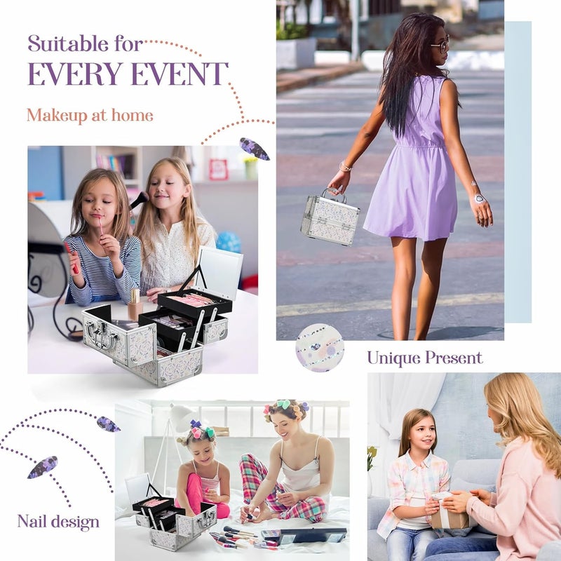 Joligrace Makeup Case for Girls Cosmetic Train Case Makeup Storage Box Jewelry Organizer Hair Accessories Lockable with Trays & Mirror Purple - Image 5